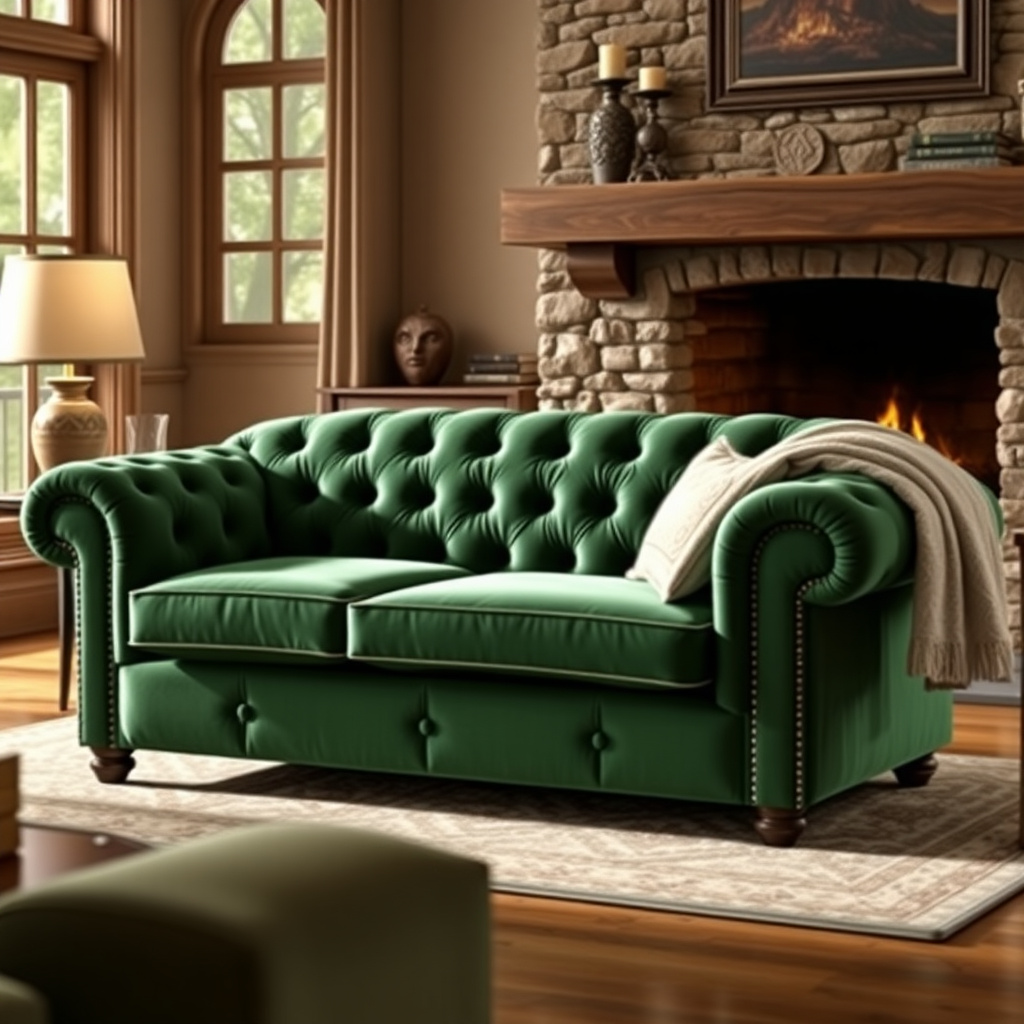 Elegant emerald green Chesterfield love seat in a cozy living room