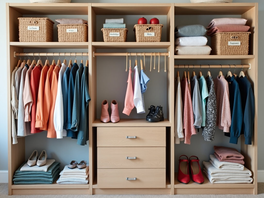 Organized closet with hangers, bins, and shelves