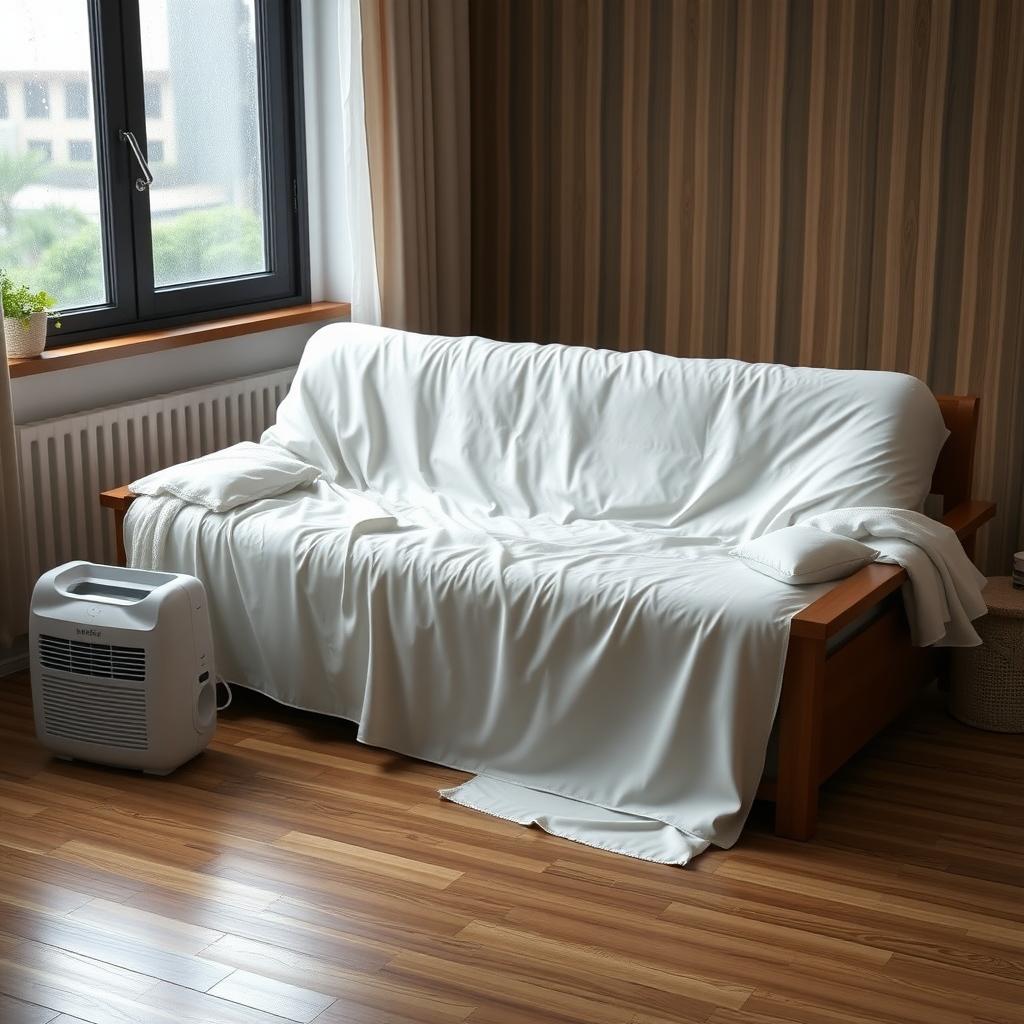 Futon in bed mode with a mattress protector and dehumidifier in a cozy room on a rainy day.