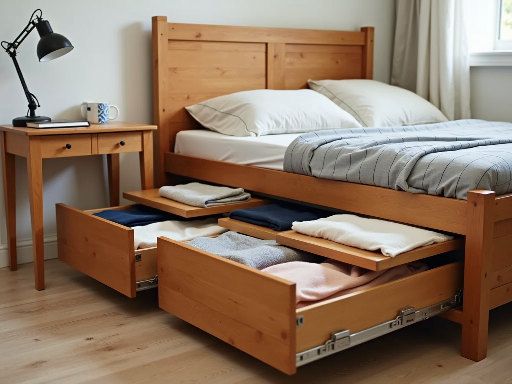 A bedroom with a storage bed and a desk that doubles as a nightstand.