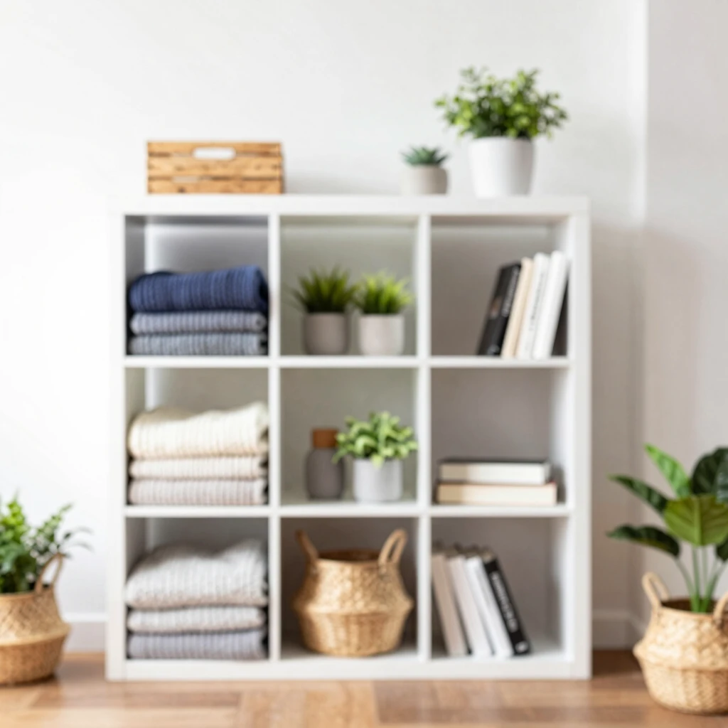 Organized living room corner with tidy shelves