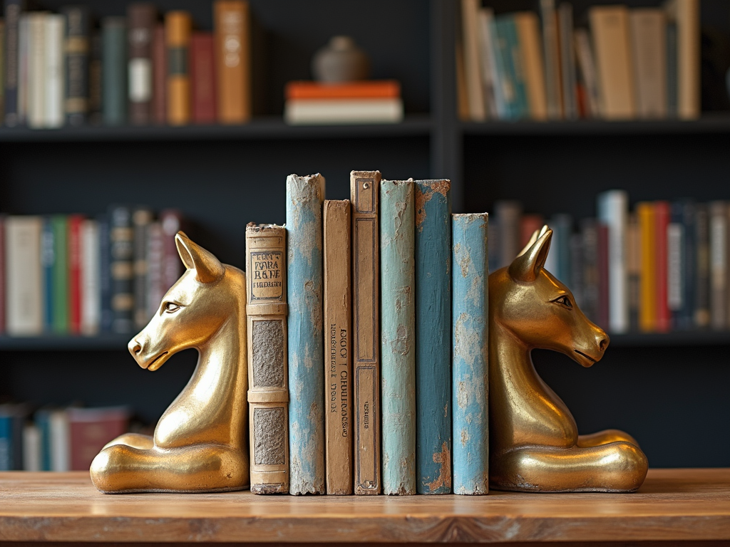 Bookshelf with creative bookends adding a decorative element.