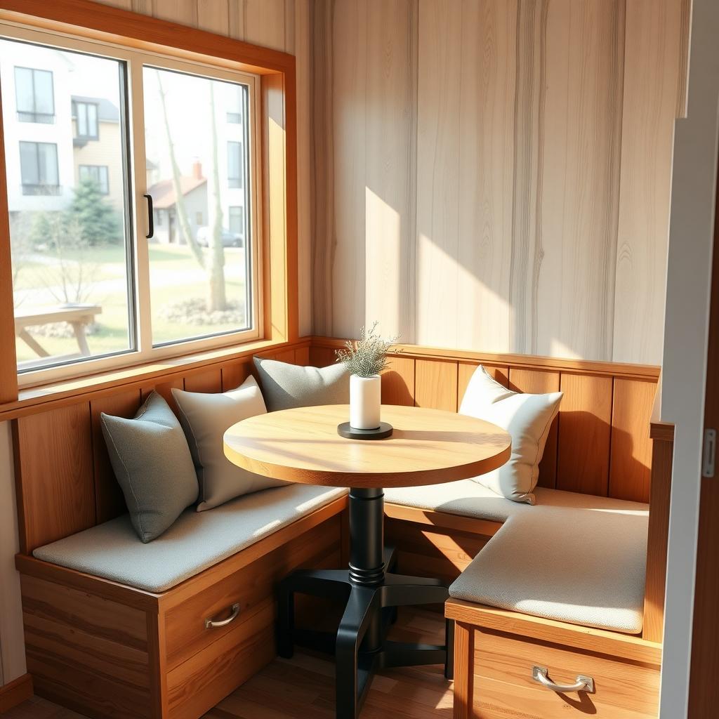 Compact dining nook with a wooden corner bench, cushioned seats, and a small round wooden table.