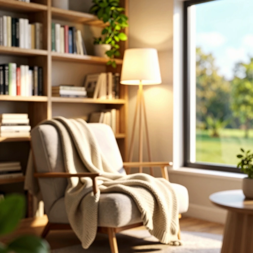 Cozy reading nook with armchair, blanket, lamp, bookshelves, plants, and window view