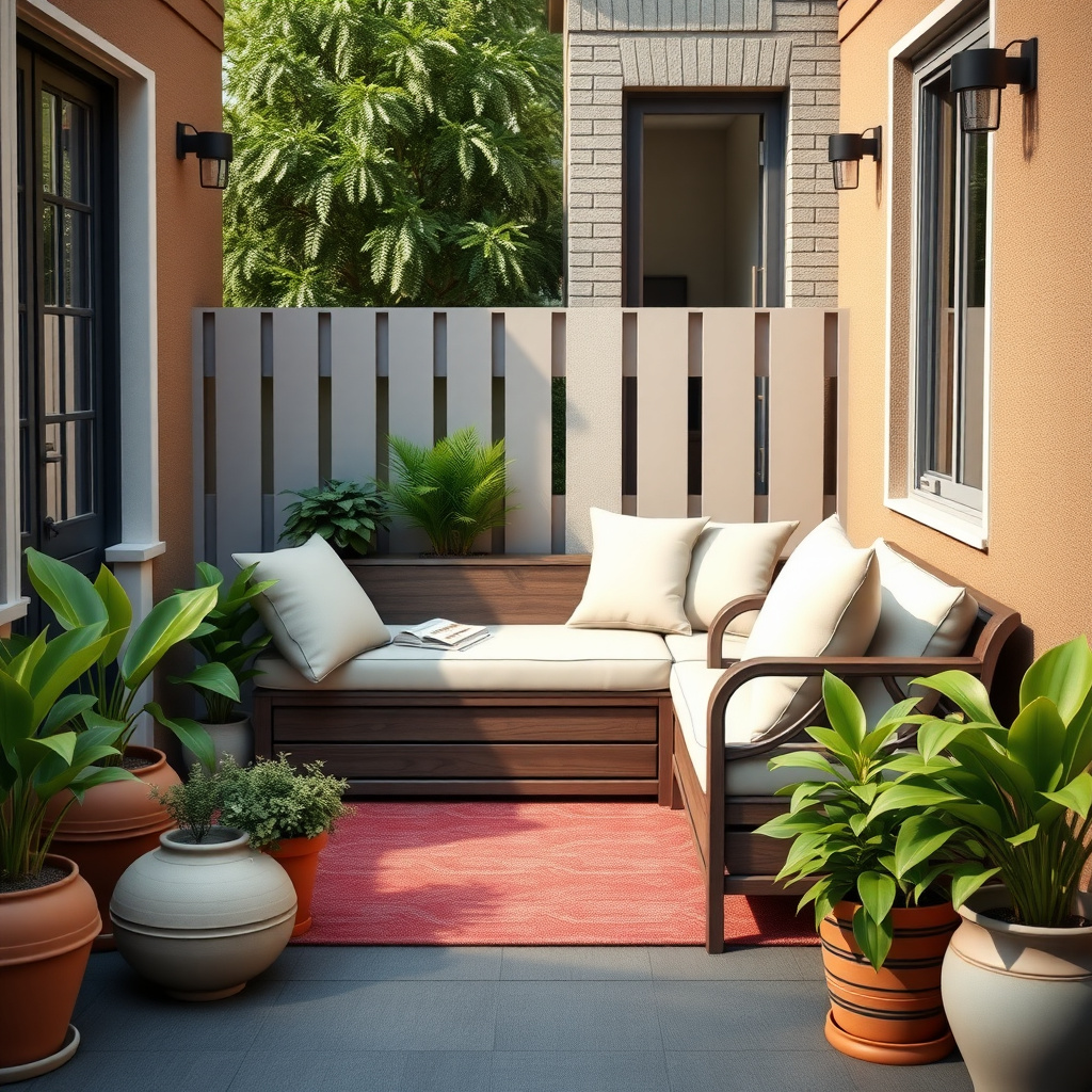 Small balcony with multifunctional storage bench and plants