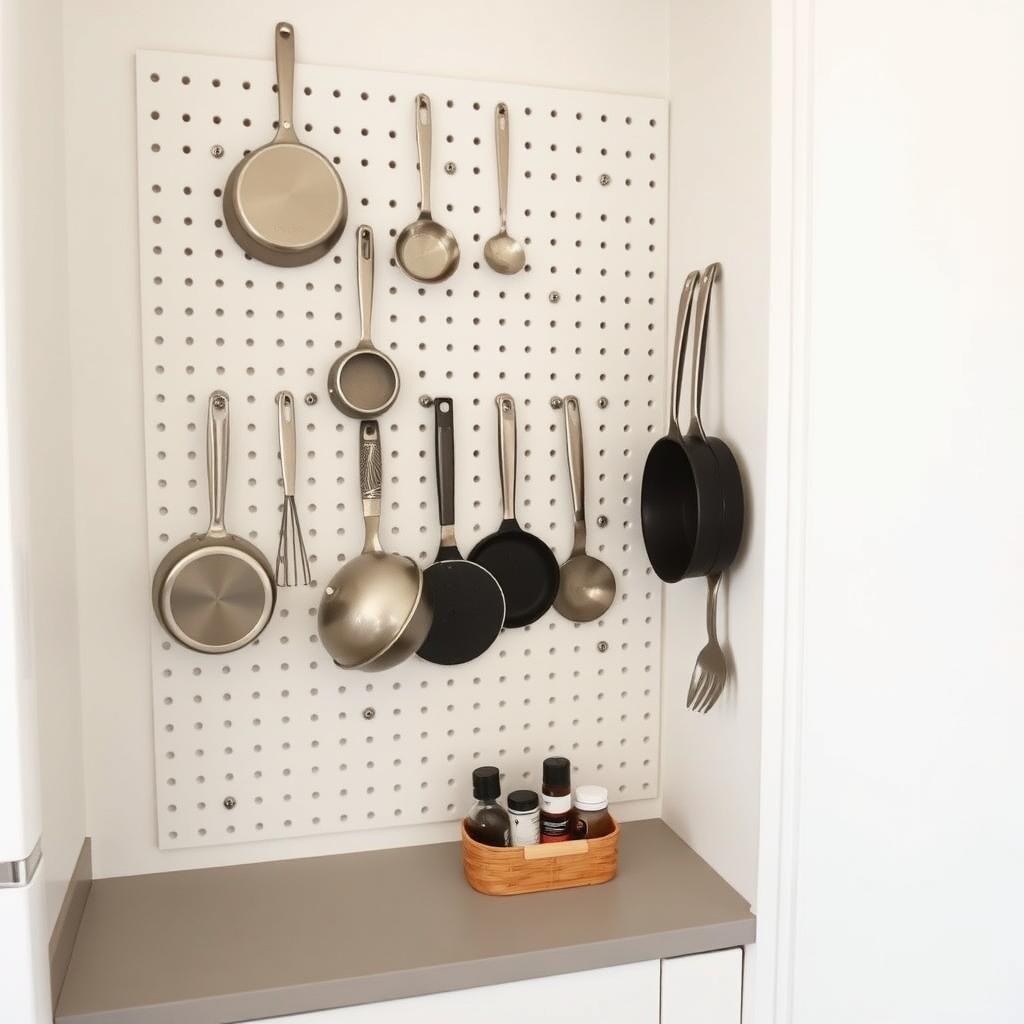 Small apartment kitchen with a white pegboard wall organizing pots, pans, and utensils above a narrow counter.