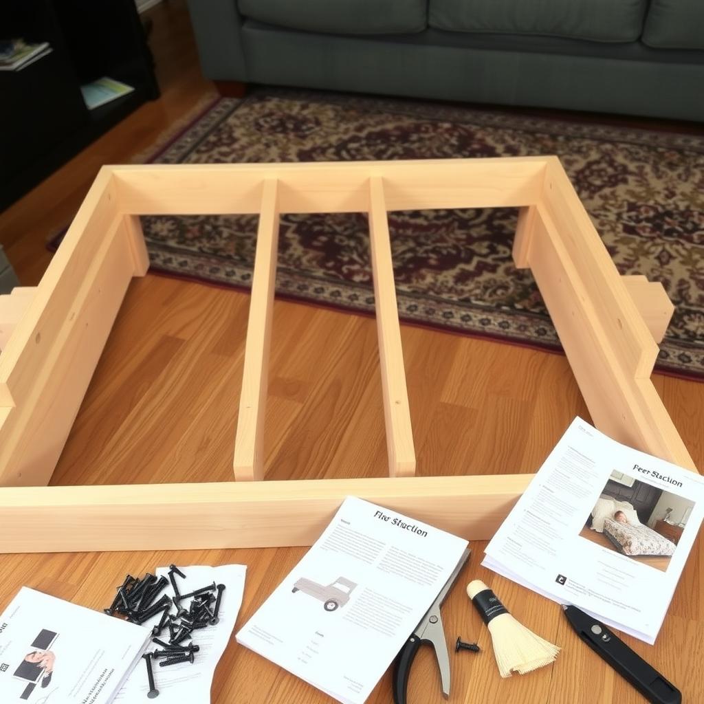 Partially assembled wooden dresser with tools and manual on a rug