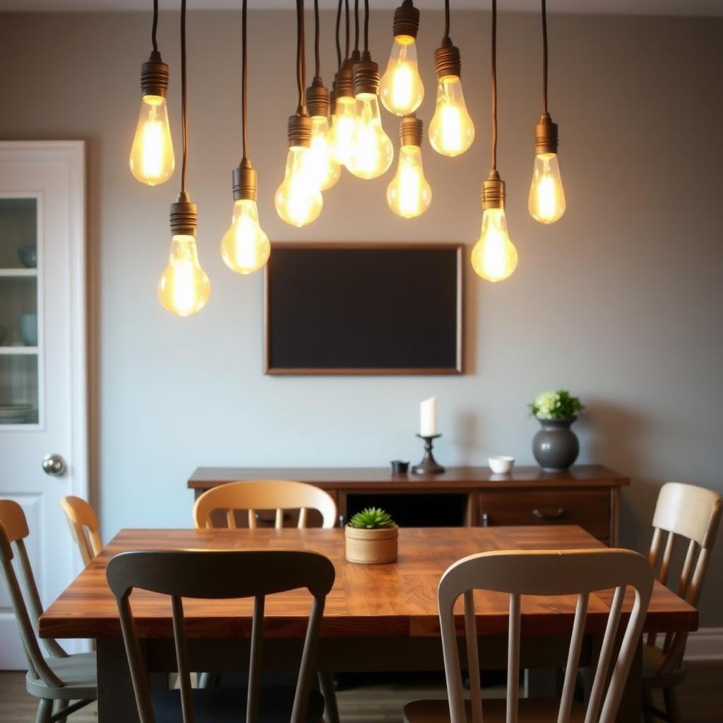 Rustic dining room with Edison bulb pendant lights illuminating a wooden table and mismatched chairs.