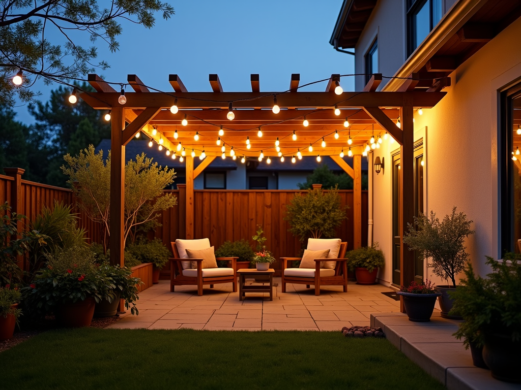 Cozy backyard patio with string lights and cushioned chairs