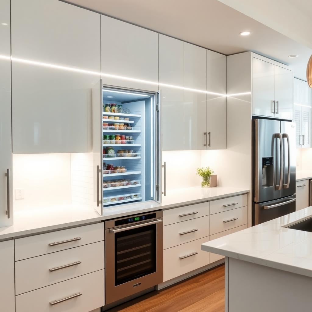 High-tech kitchen with glossy white smart cabinets and digital inventory displays.