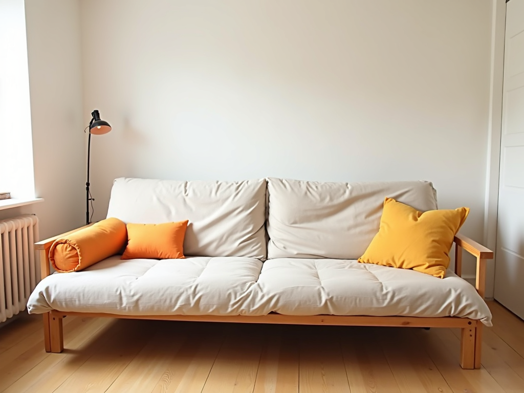 Futon as sofa and bed in a studio apartment