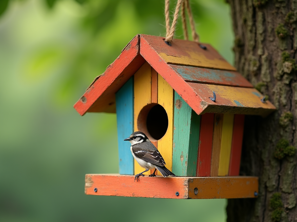 Colorful wooden birdhouse with bird