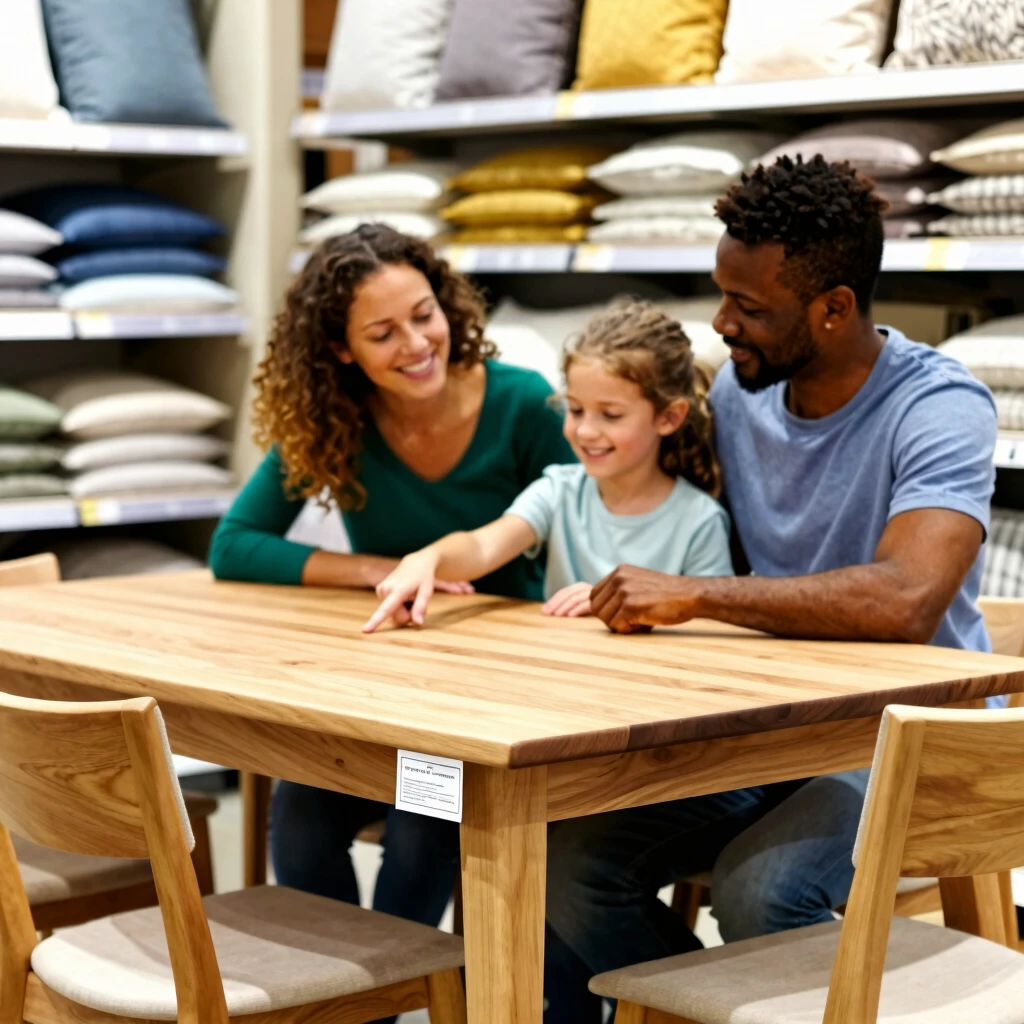 Family discovering certified sustainable furniture in a store
