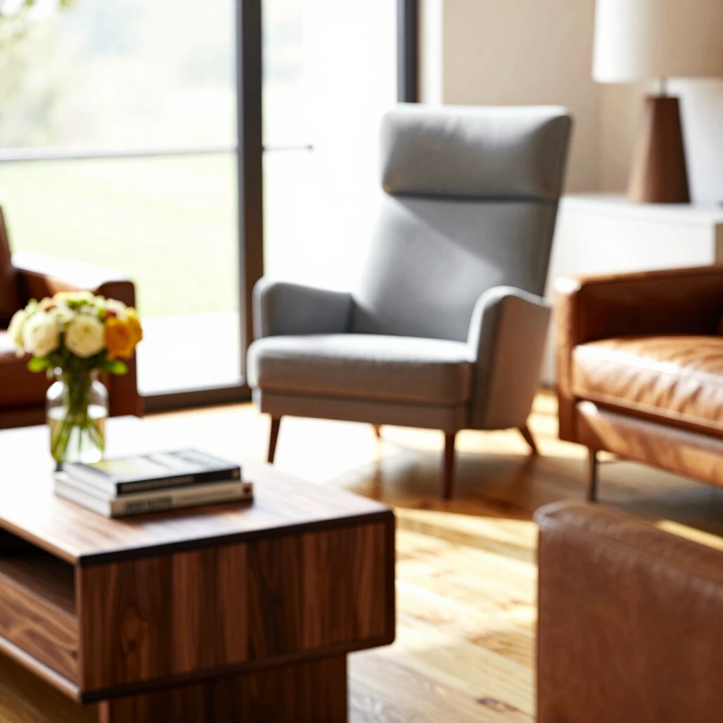 Cozy modern living room showcasing mixed furniture styles and natural light