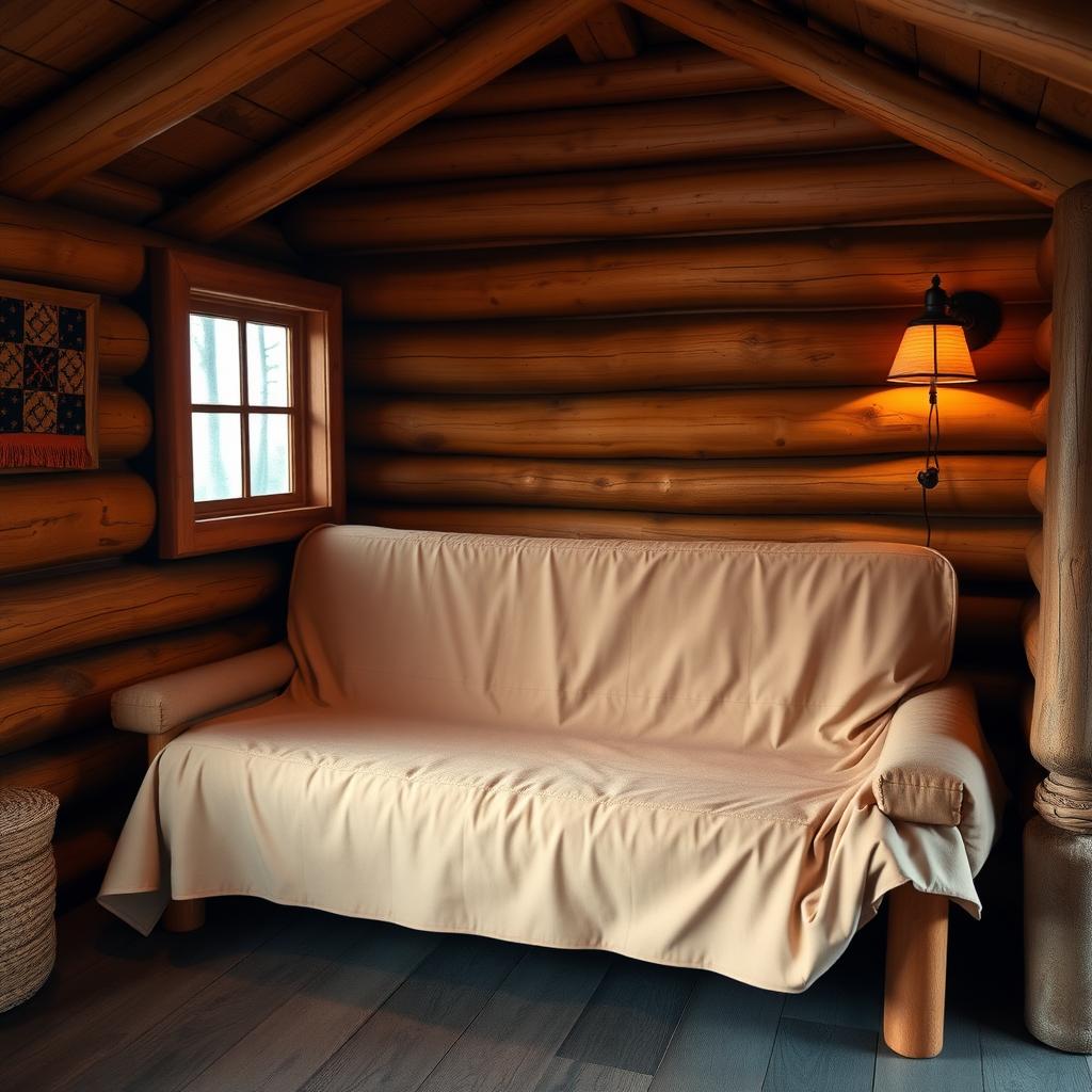 A futon in a rustic cabin, with a cover that adds a touch of warmth and coziness.