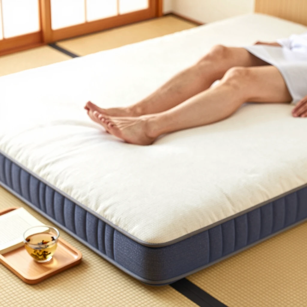 Adult relaxing on a supportive Japanese futon mattress on the floor