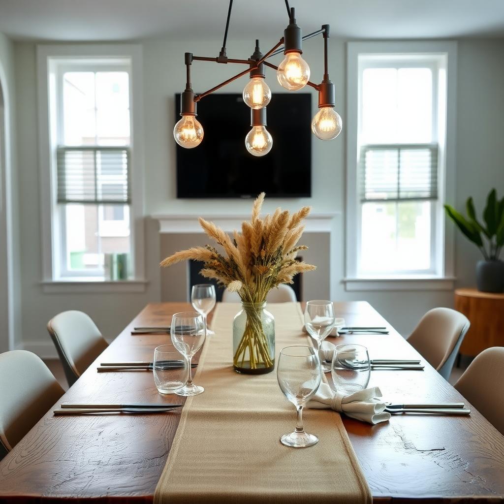 Dining room with reclaimed wood table and LED chandelier.