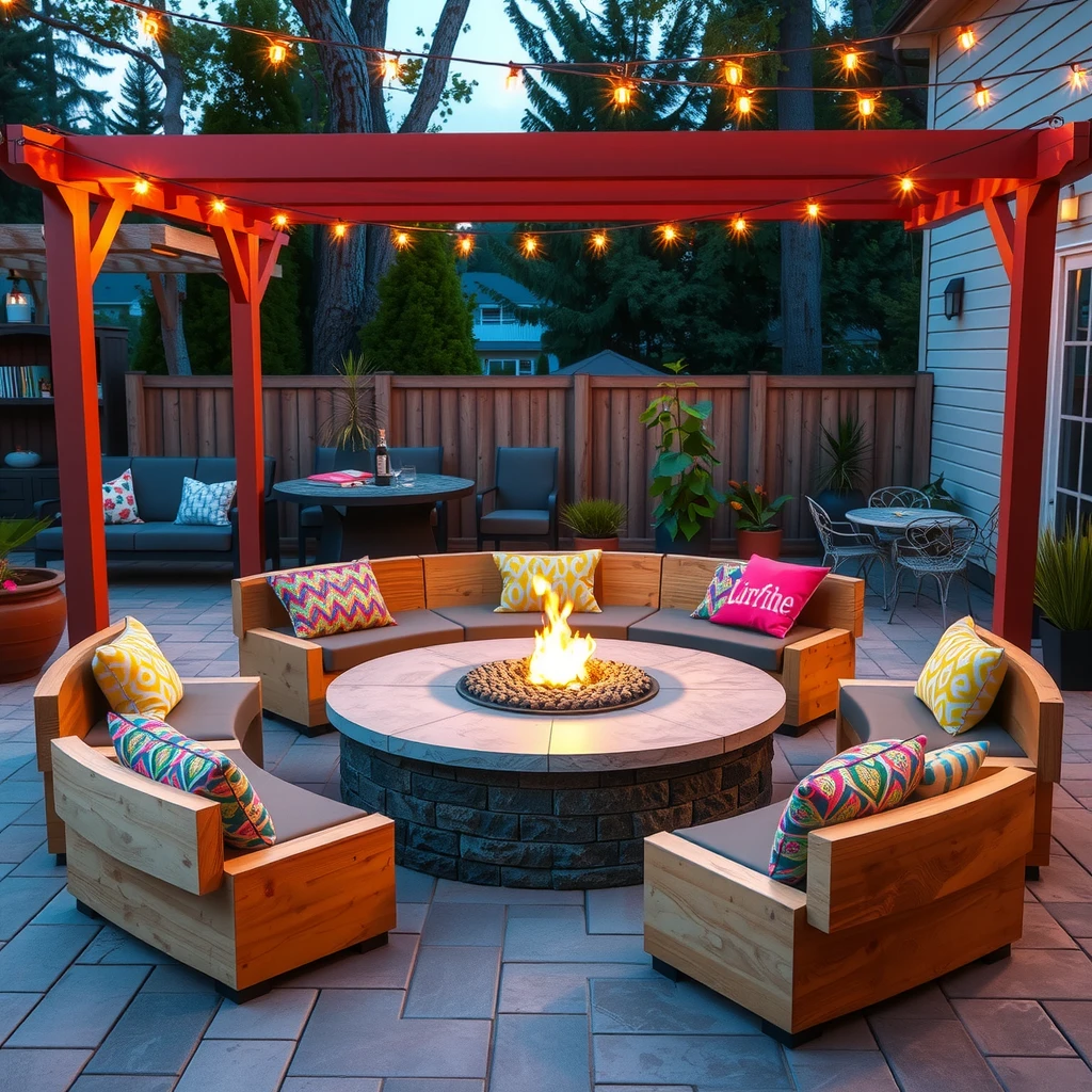 Patio with multifunctional fire pit table and modular benches