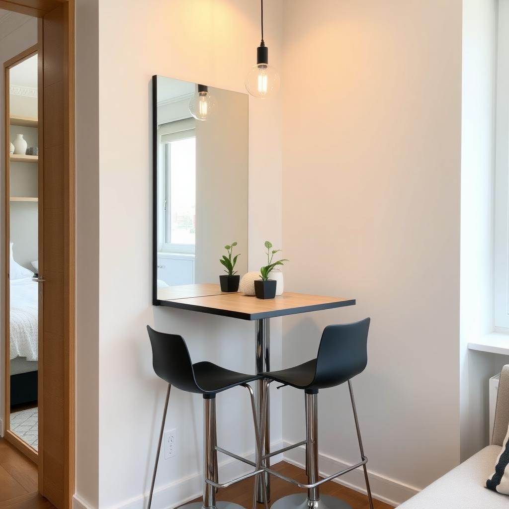 Compact dining corner with a foldable wall-mounted table, two bar stools, and a large mirror.
