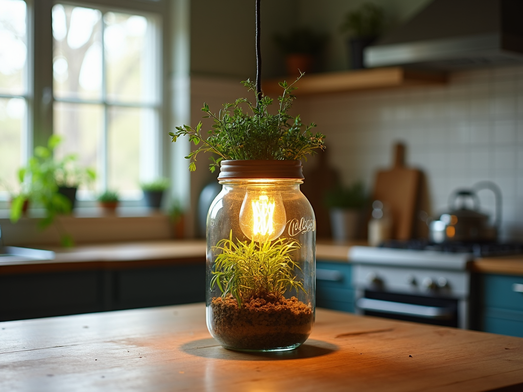 DIY recycled jar pendant light in kitchen
