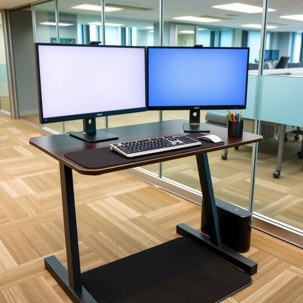 Ergonomic standing desk in a corporate office with dual monitors, keyboard tray, and anti-fatigue mat.