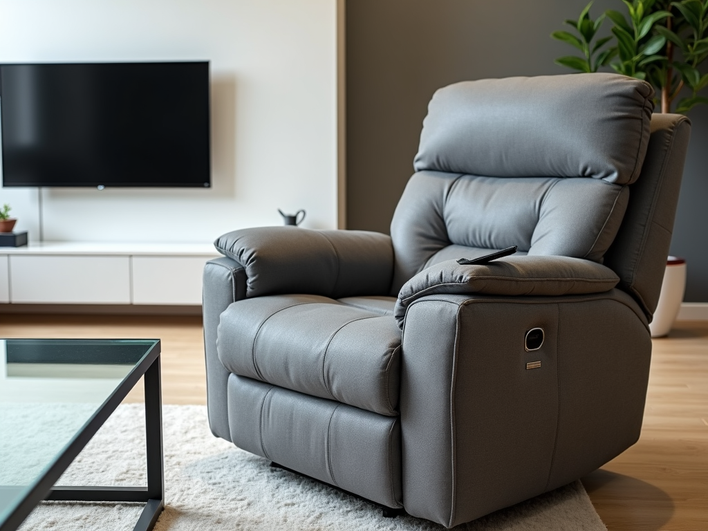 A sleek fabric recliner with modern features in a contemporary living room