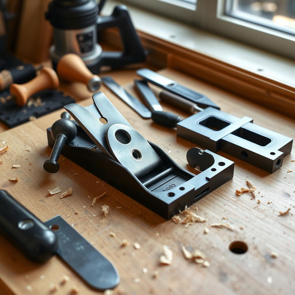 A beginner’s woodworking bench with essential tools like a hand plane, chisels, router, and combination square, bathed in natural light.