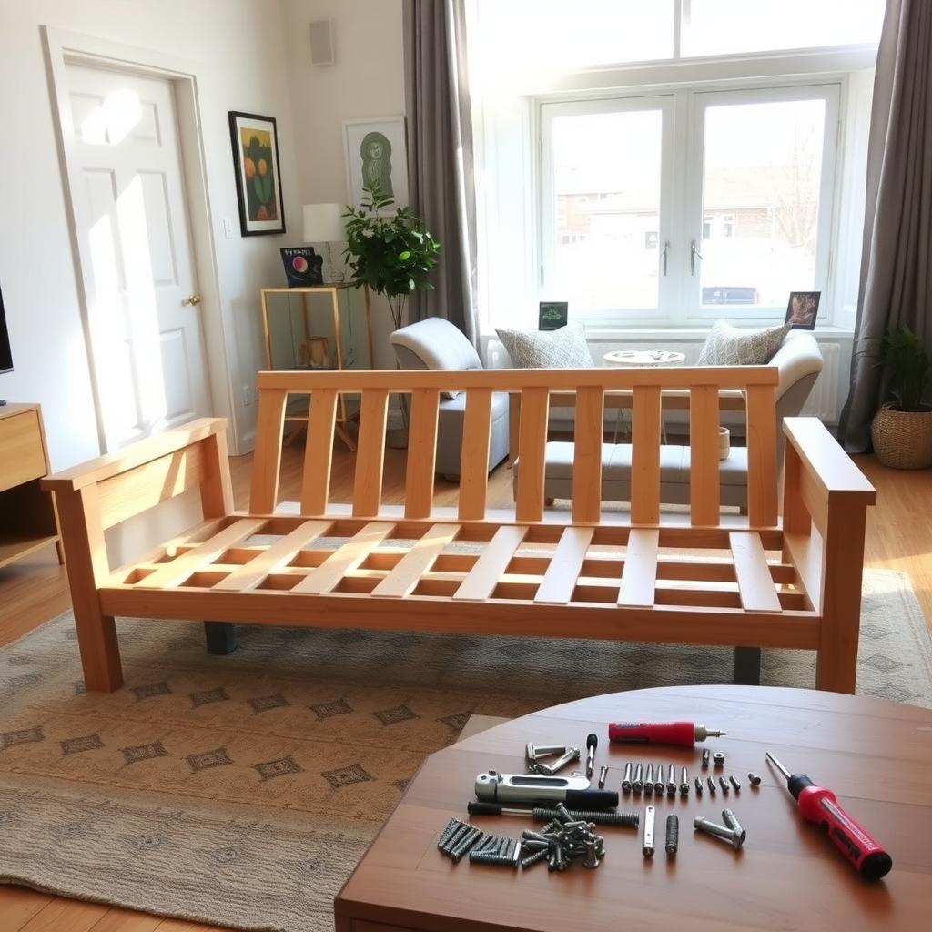Partially assembled futon sofa bed in a cozy living room with tools and hardware on a nearby table