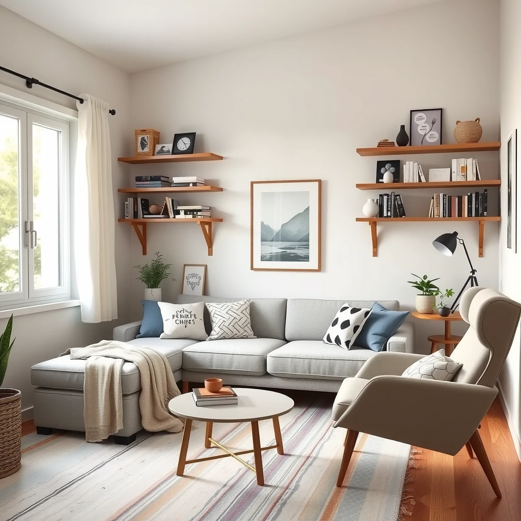 Cozy small living room with multifunctional furniture and light colors