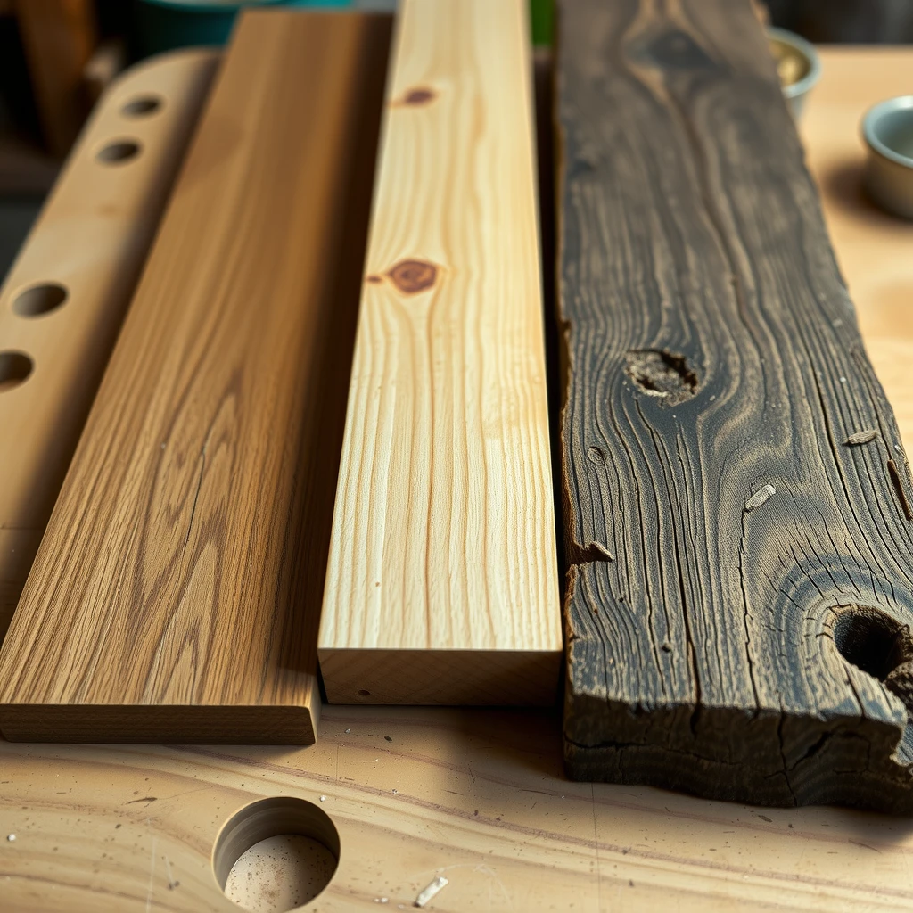 Close-up of FSC-certified oak, bamboo, and reclaimed wood used in sustainable furniture