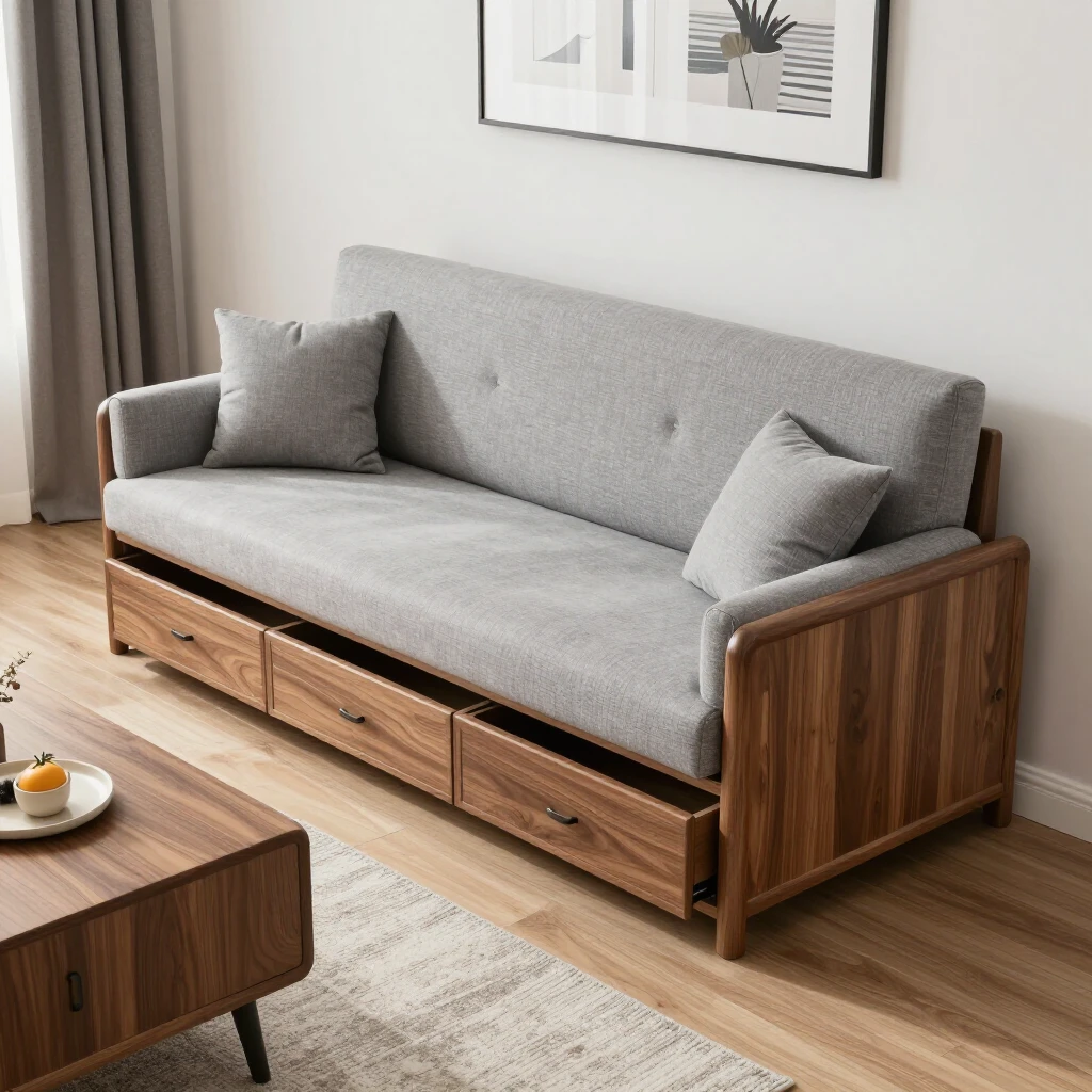 Completed DIY futon with storage drawers in a cozy small apartment