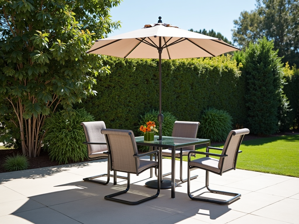 A modern patio with metal chairs and a glass-top table