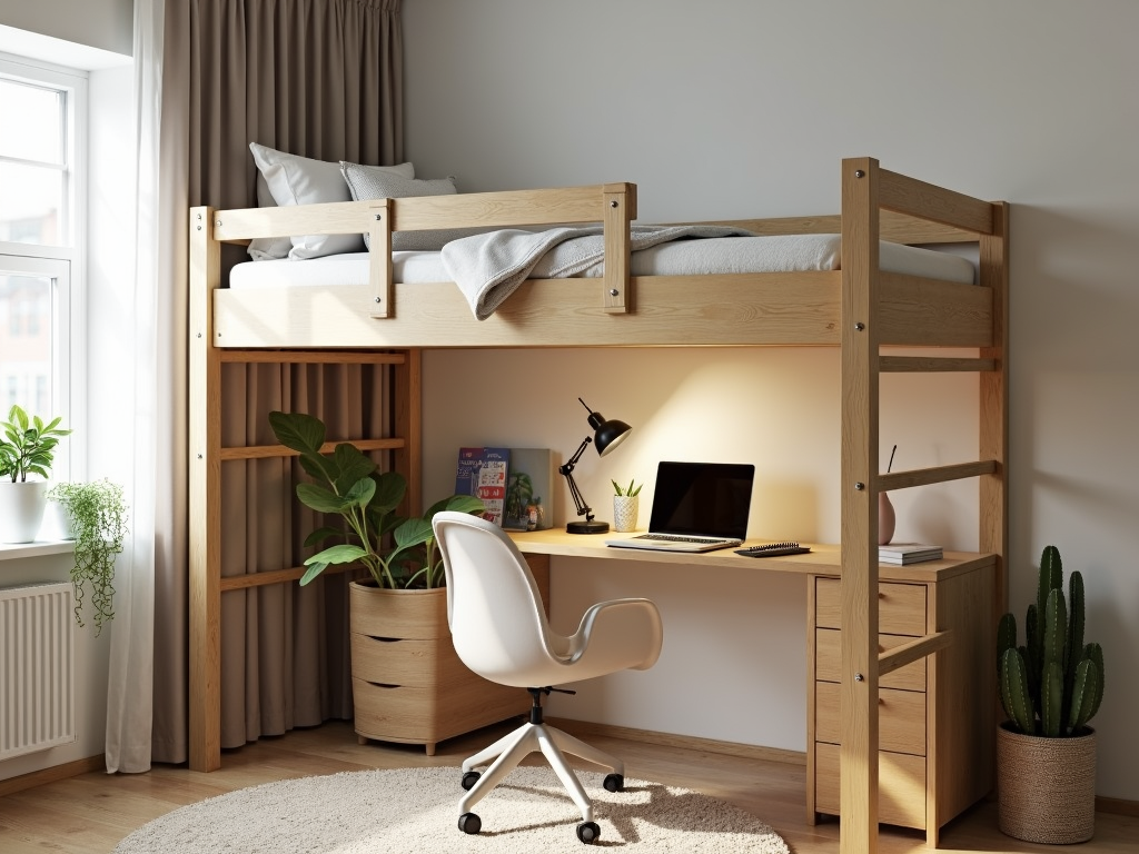 A small bedroom with a loft bed and a desk underneath, maximizing vertical space.