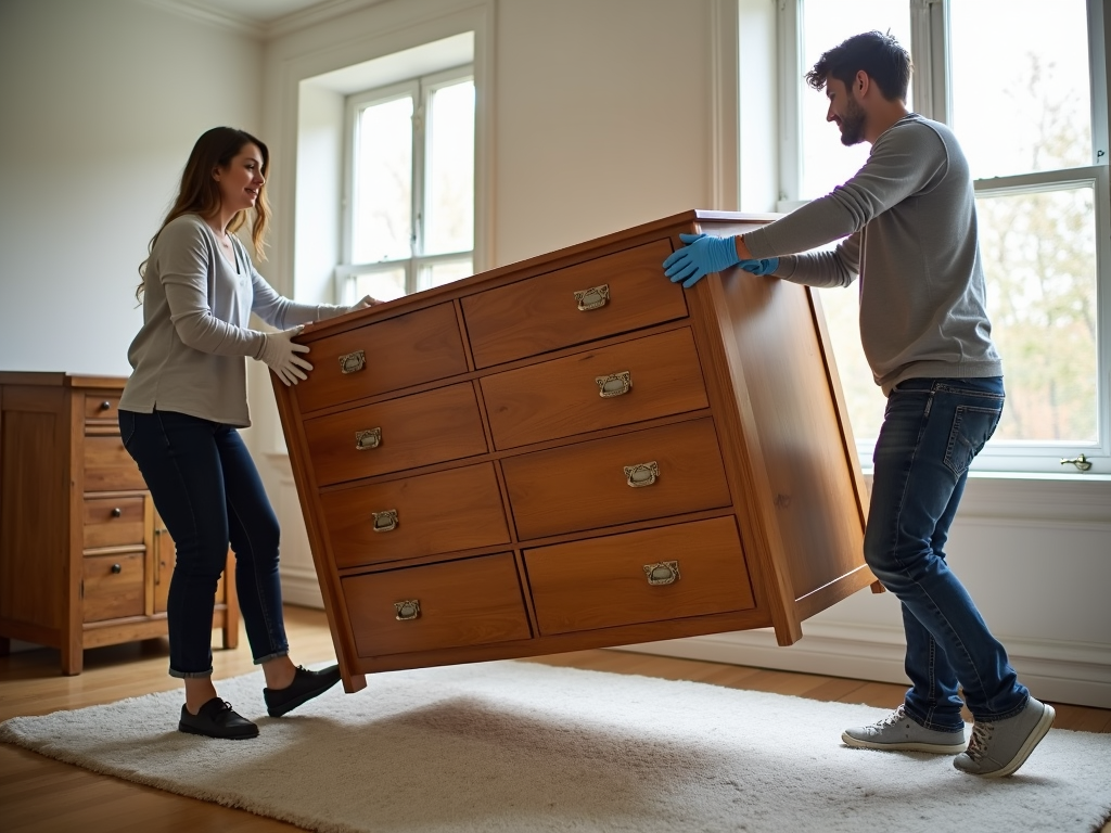 Lifting a wooden dresser carefully to avoid scratches.