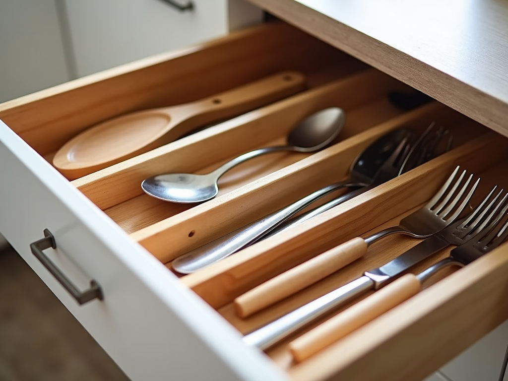 Organized kitchen drawer with utensil dividers