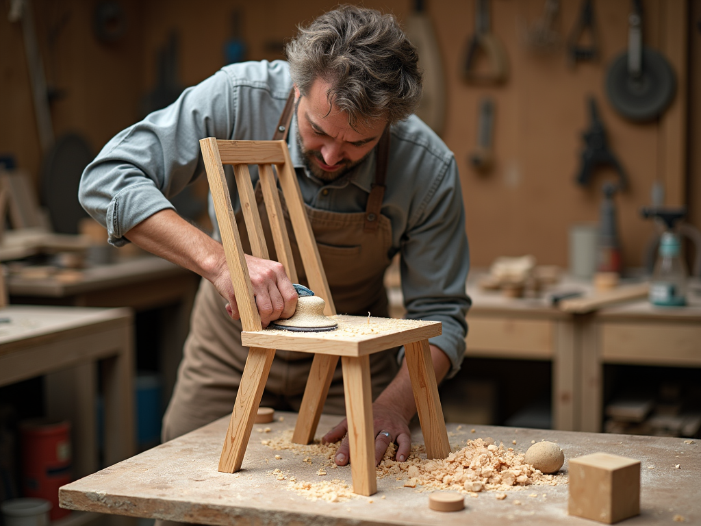 Craftsman sanding wooden chair