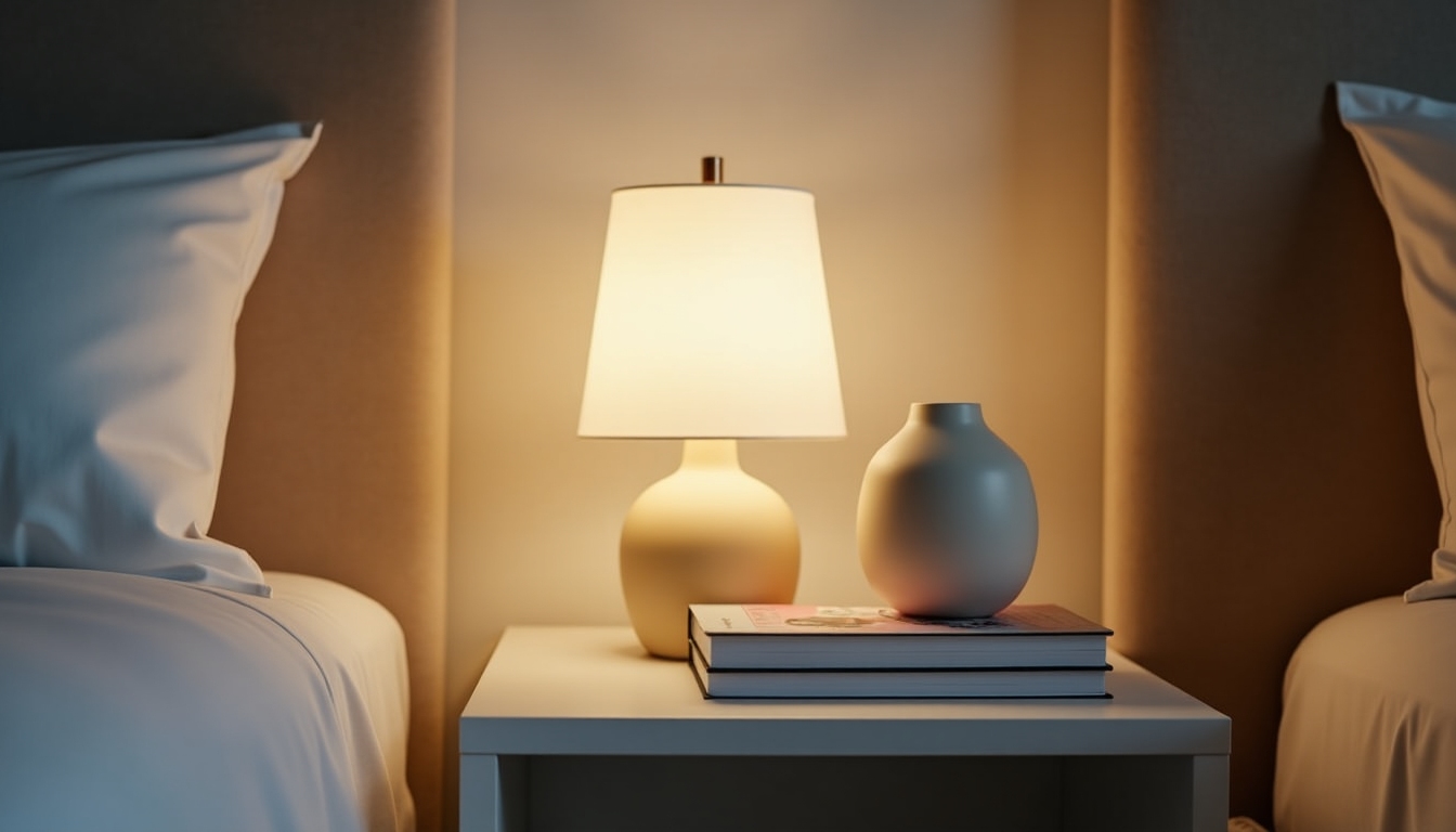 Close-up of a minimalist and organized nightstand with a lamp, book, and water bottle.