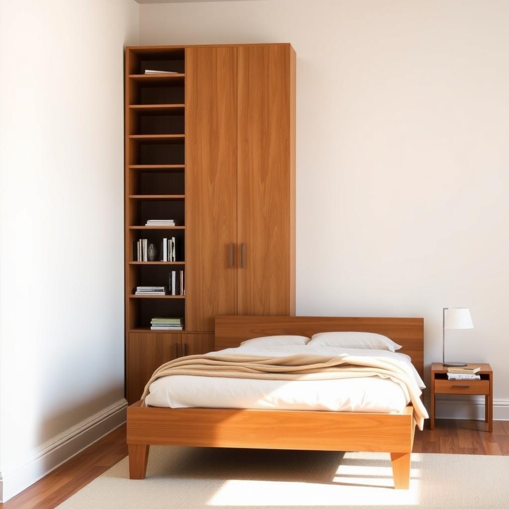 Organized bedroom with a wooden bed frame, tall bookshelf, and neat nightstand.