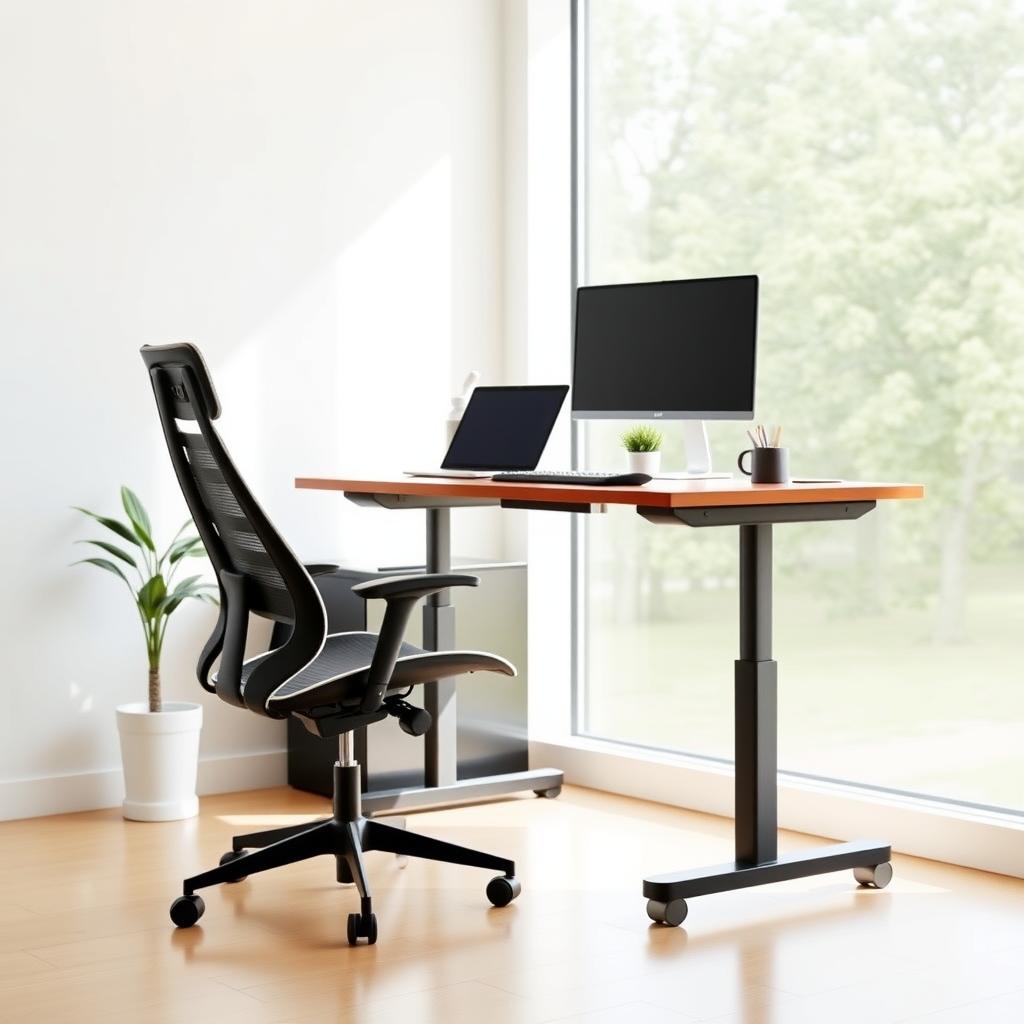 Modern home office with ergonomic chair, standing desk, and dual monitors