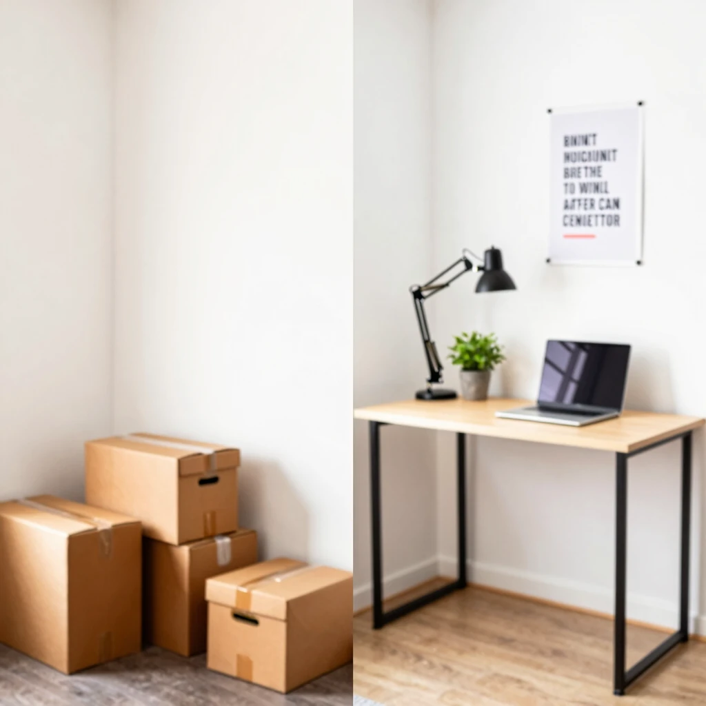 Before and after transformation of a small home office space