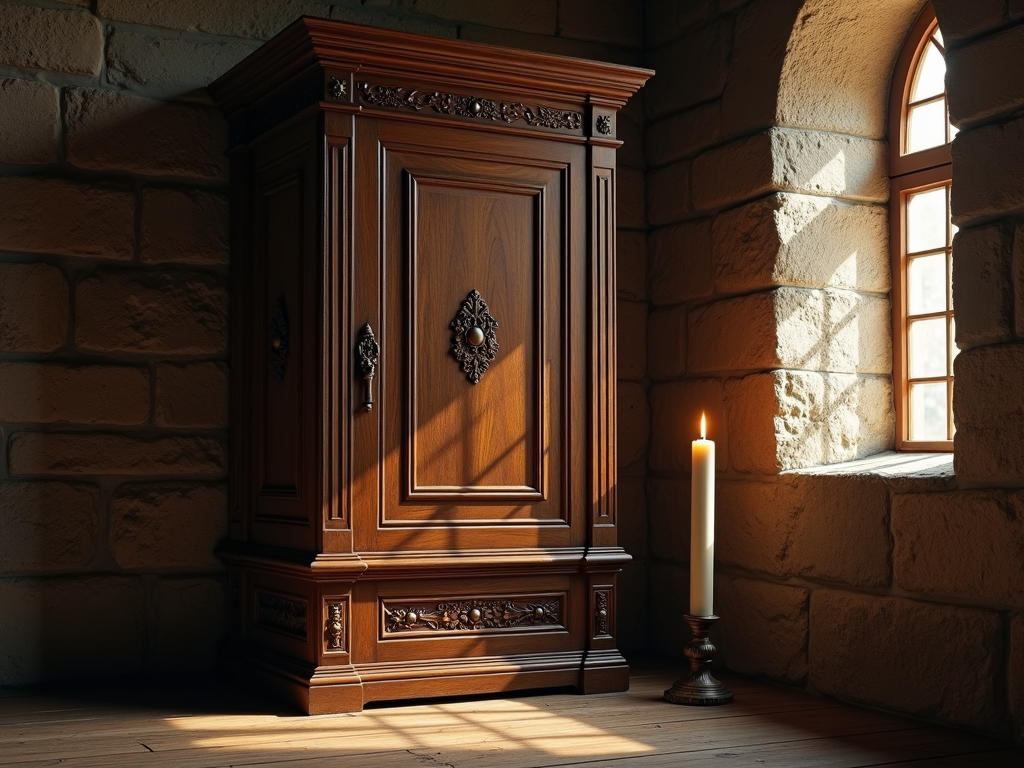 A classic wooden armoire in a medieval setting