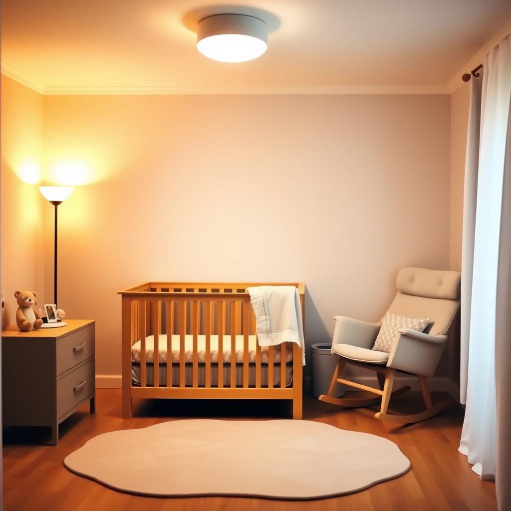 Cozy nursery with a crib, rocking chair, and nightstand under soft lighting