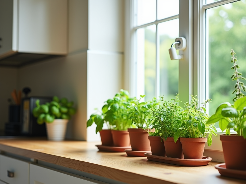 A kitchen with a small herb garden on the windowsill, adding a fresh touch to the space.