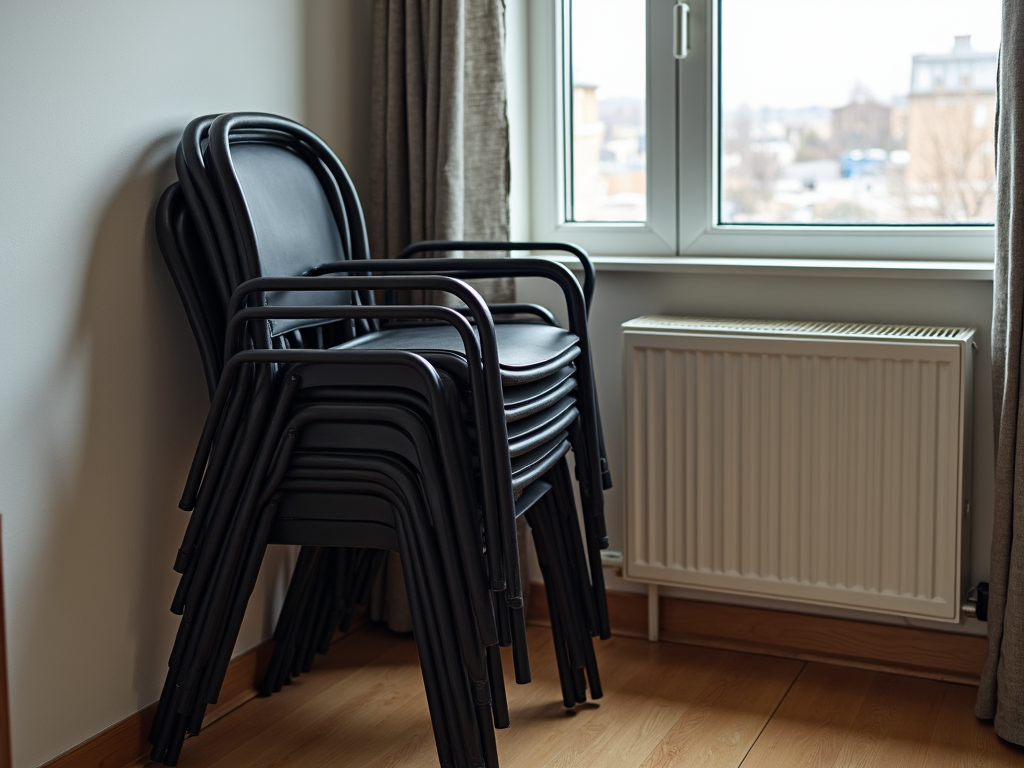 Stack of folded chairs in a small apartment corner near a window.
