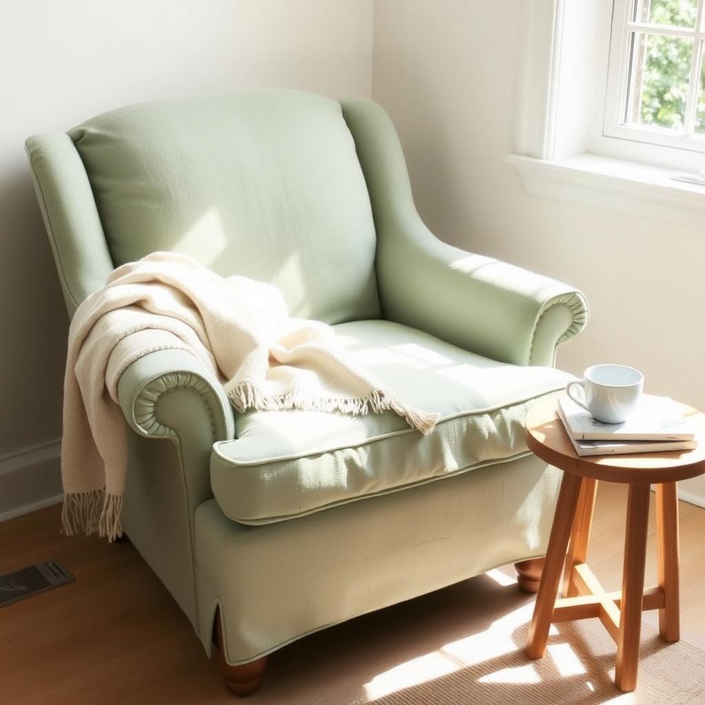 Reupholstered armchair in sage green organic linen with a recycled cotton throw blanket.
