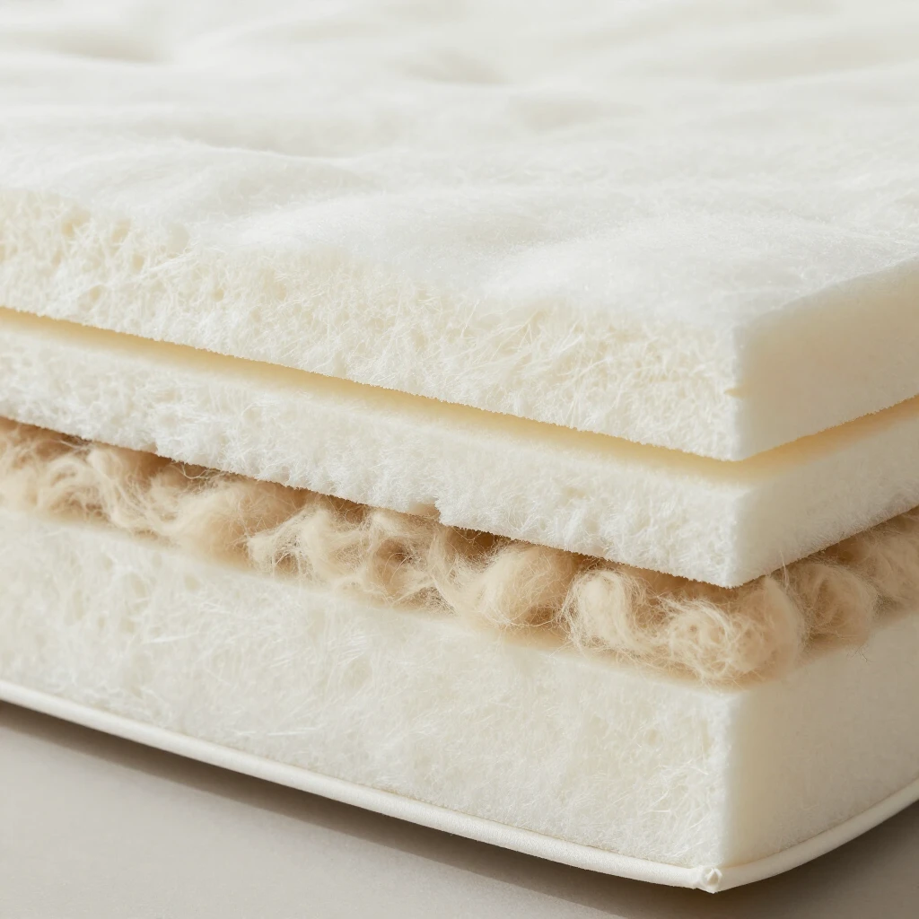Cross-section of a layered futon mattress showing cotton, foam, and wool for comfort and durability