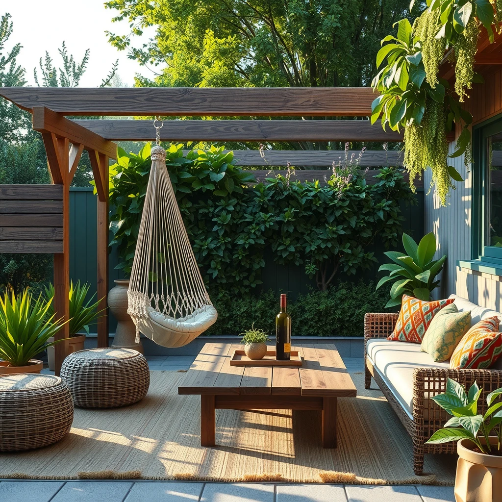 Cozy patio with unique hammock chair and reclaimed wood table