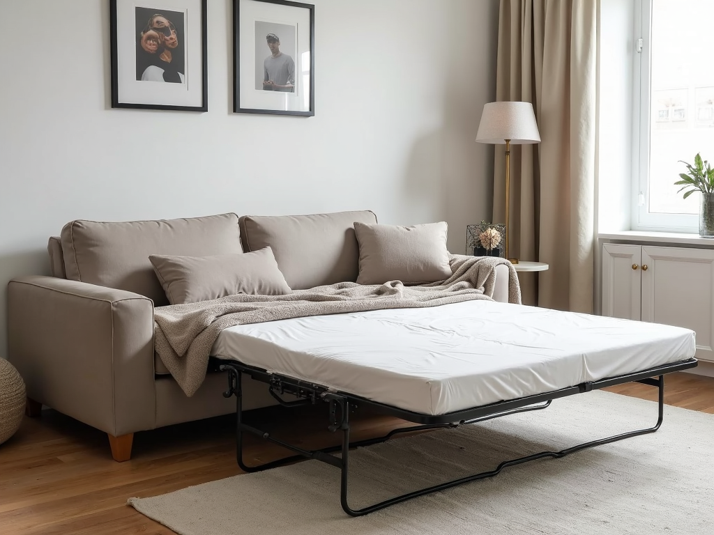 A stylish living room featuring a convertible sofa bed, showcasing space-saving design.