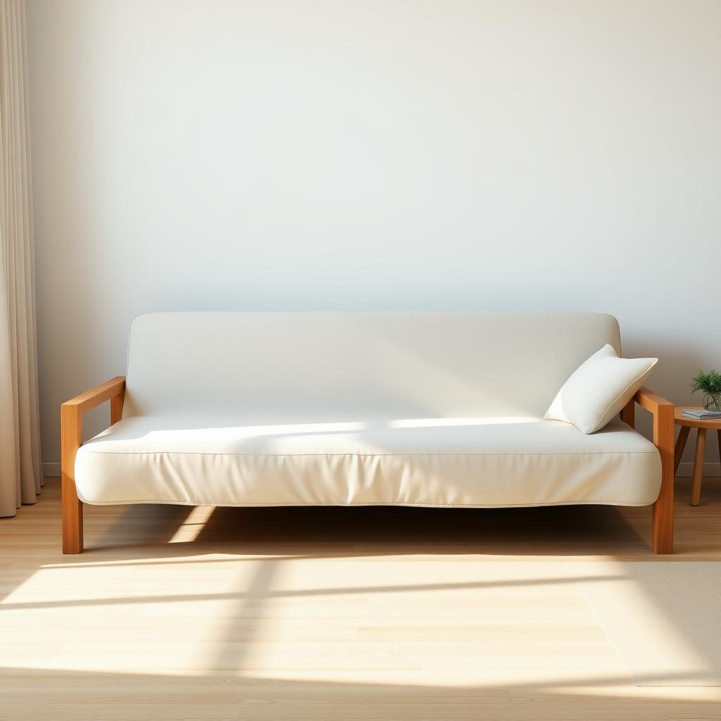 A futon in a minimalist bedroom setting, with a neutral-toned cover that complements the serene atmosphere.