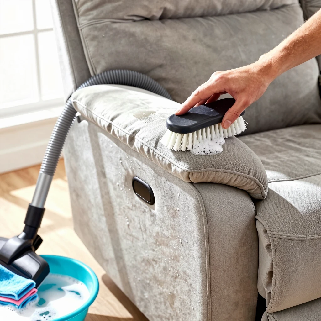 Hands-on cleaning of a fabric recliner using gentle tools and soap